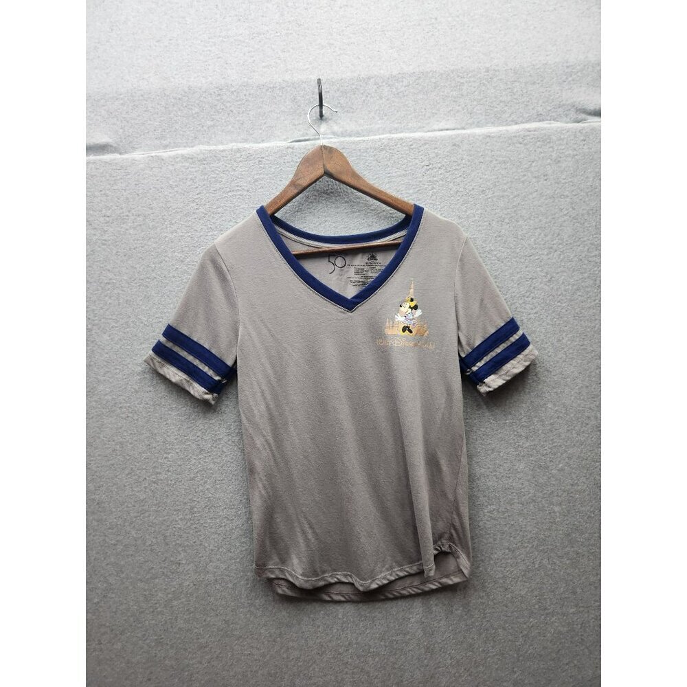 Walt Disney World 50th Anniversary Minnie Mouse V-Neck Womens T-Shirt Gray & Blu